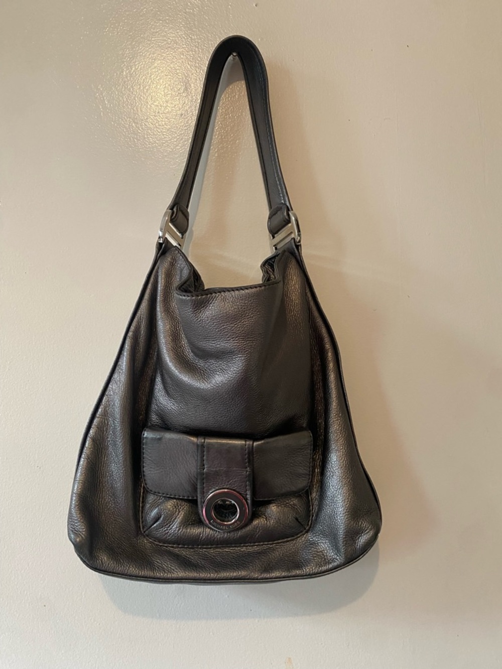 Black Leather Shoulder Bag with Front Pocket